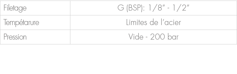Filetage,G (BSP): 1/8” 1/2”,Temp tarure,Limites de l’acier,Pression,Vide 200 bar