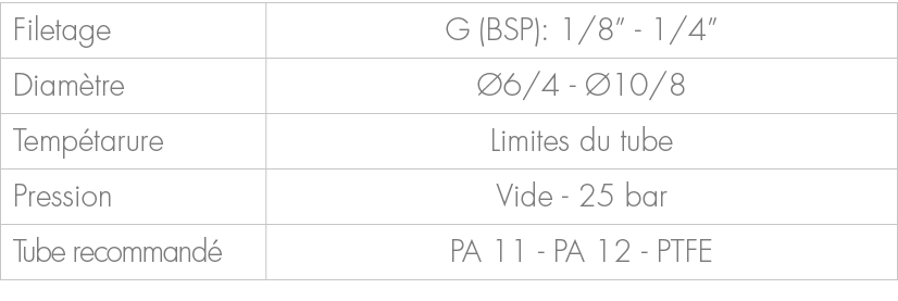 Filetage,G (BSP): 1/8” 1/4”,Diam tre, 6/4 10/8,Temp tarure,Limites du tube,Pression,Vide 25 bar,Tube recommand ,PA 1...